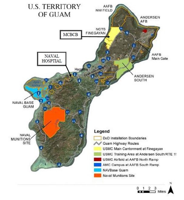 Map of Marine Corps Base Guam, showing key locations for checking in.